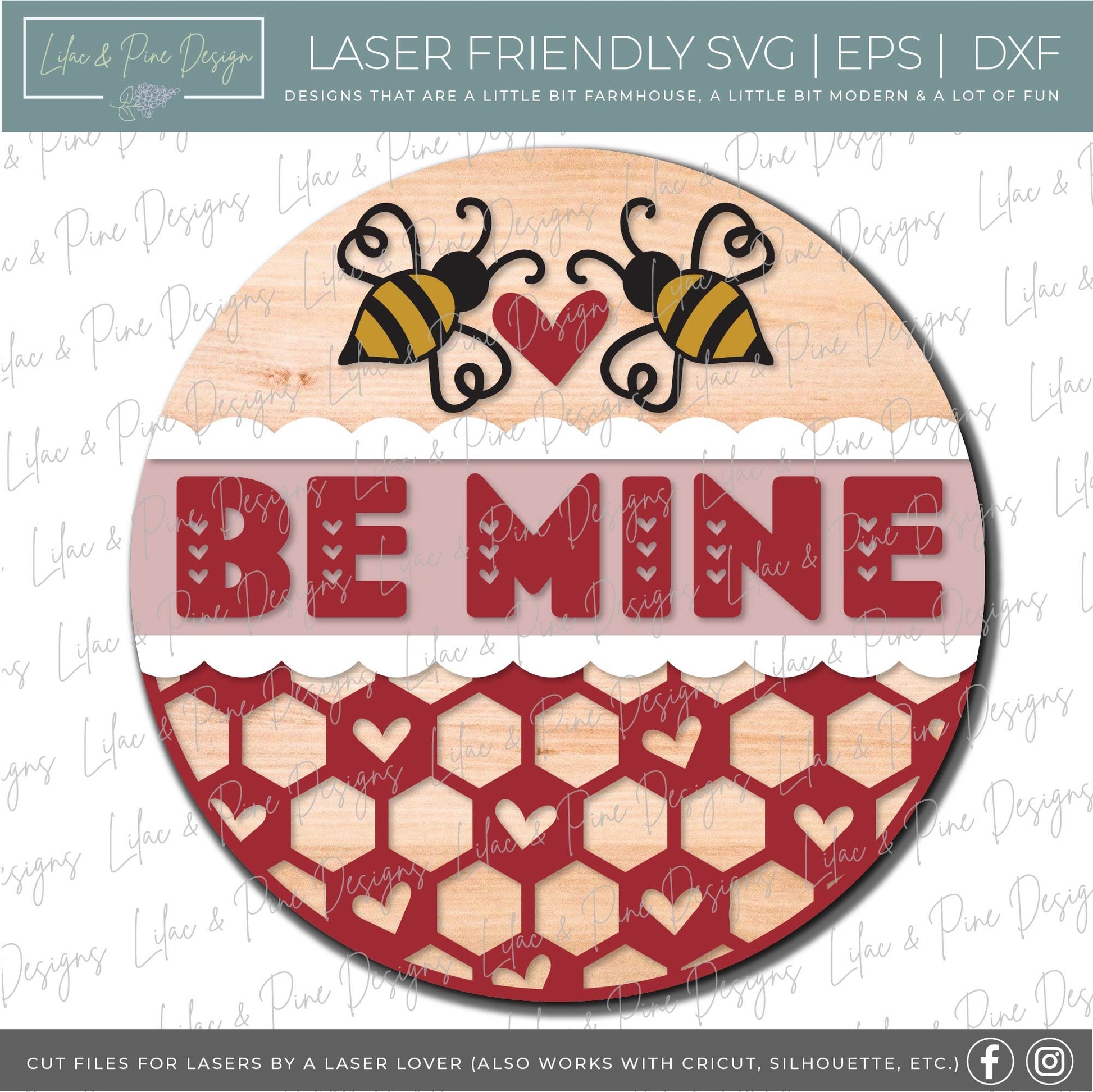Be Mine Bee door hanger, Valentine door hanger svg, Valentines Day Welcome round SVG, Bee SVG, honeycomb SVG, Glowforge file, laser svg