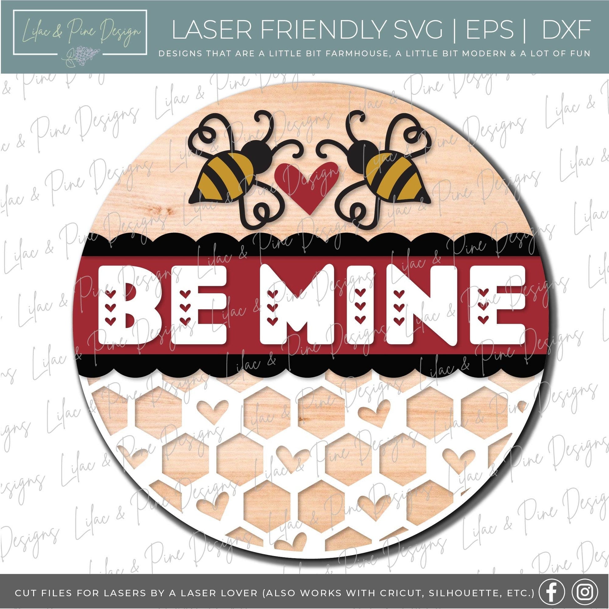 Be Mine Bee door hanger, Valentine door hanger svg, Valentines Day Welcome round SVG, Bee SVG, honeycomb SVG, Glowforge file, laser svg