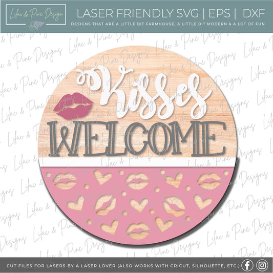 Kisses Welcome door hanger, Lipstick and hearts Welcome sign SVG, Valentine sign SVG, Valentines Day decor SVG, Glowforge file, laser svg