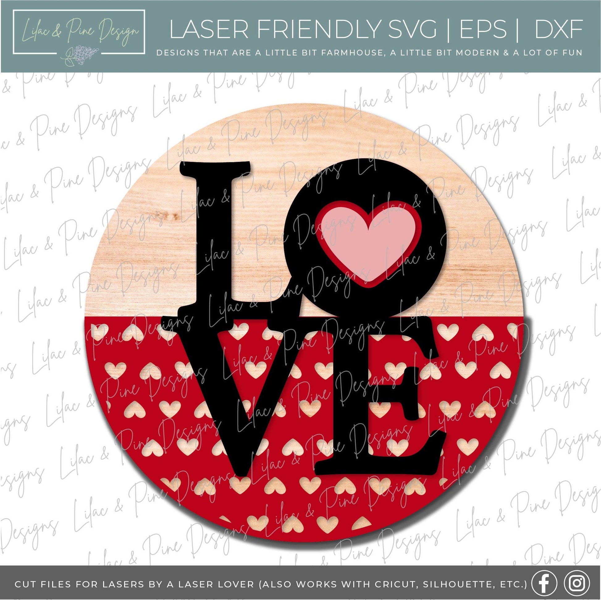 Love sign SVG, Valentine door hanger, Valentines Day decor SVG, heart SVG, love decor, heart patterned round, Glowforge file, laser svg