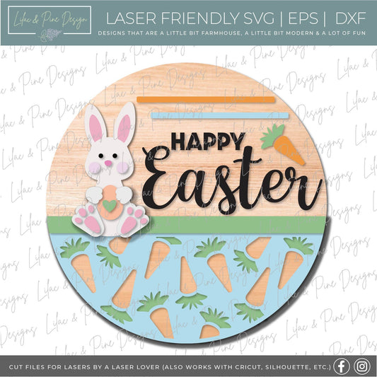 Happy Easter round sign SVG, Easter bunny door hanger, bunny and carrot sign svg, Welcome round, Easter decor, Glowforge Svg, laser cut file