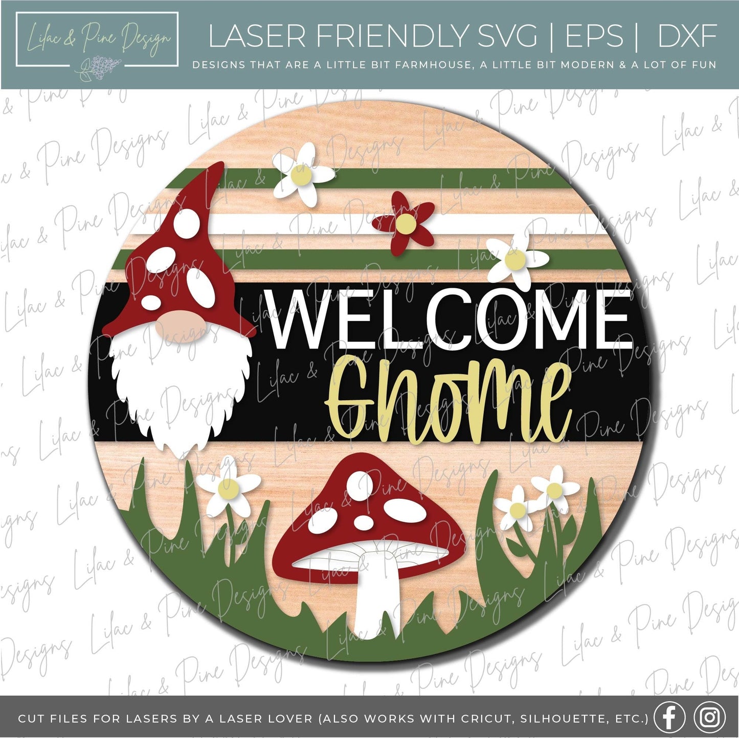 Welcome Gnome door hanger, mushroom SVG, garden gnome SVG, welcome round SVG, fairy garden svg, gnome decor, Glowforge Svg, laser cut file