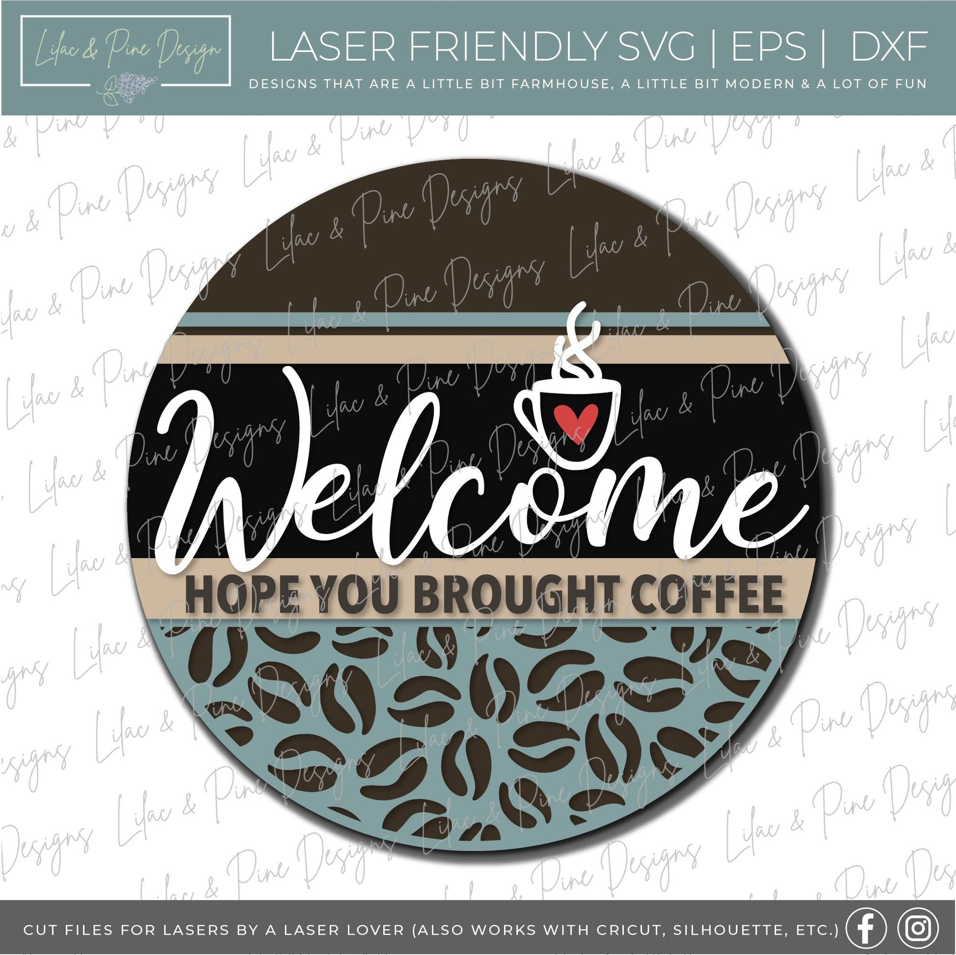 Welcome Coffee sign SVG, Welcome door hanger, Coffee door round svg, coffee bean pattern, Everyday porch decor, Glowforge file, laser svg