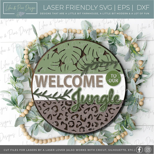 Jungle sign laser, Welcome sign SVG, leopard print SVG, plant SVG, door hanger svg, leopard sign svg, wild svg, Glowforge file, laser svg