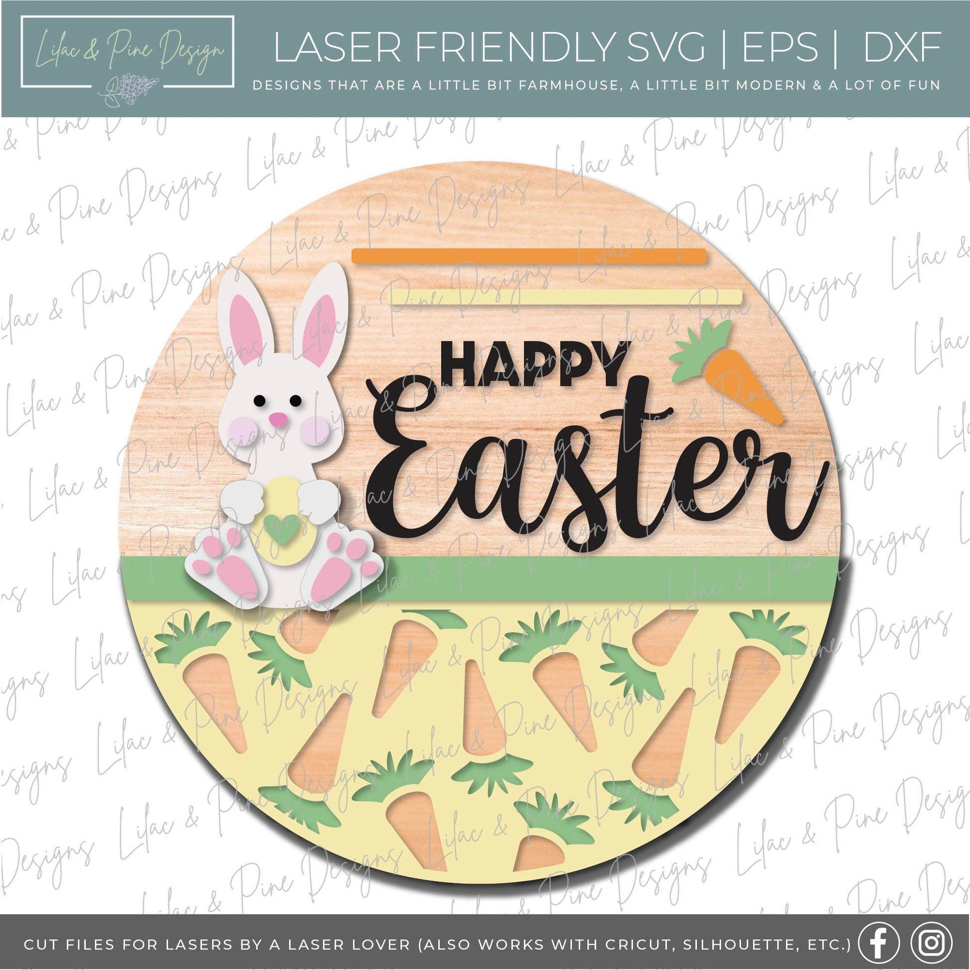 Happy Easter round sign SVG, Easter bunny door hanger, bunny and carrot sign svg, Welcome round, Easter decor, Glowforge Svg, laser cut file