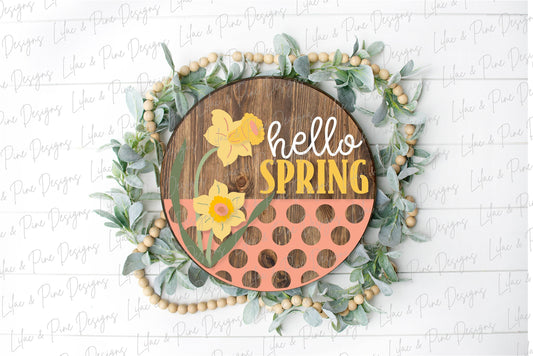 Hello Spring door hanger, Daffodil porch sign SVG, round flower sign, floral SVG, Farmhouse spring decor, Glowforge svg, laser cut file