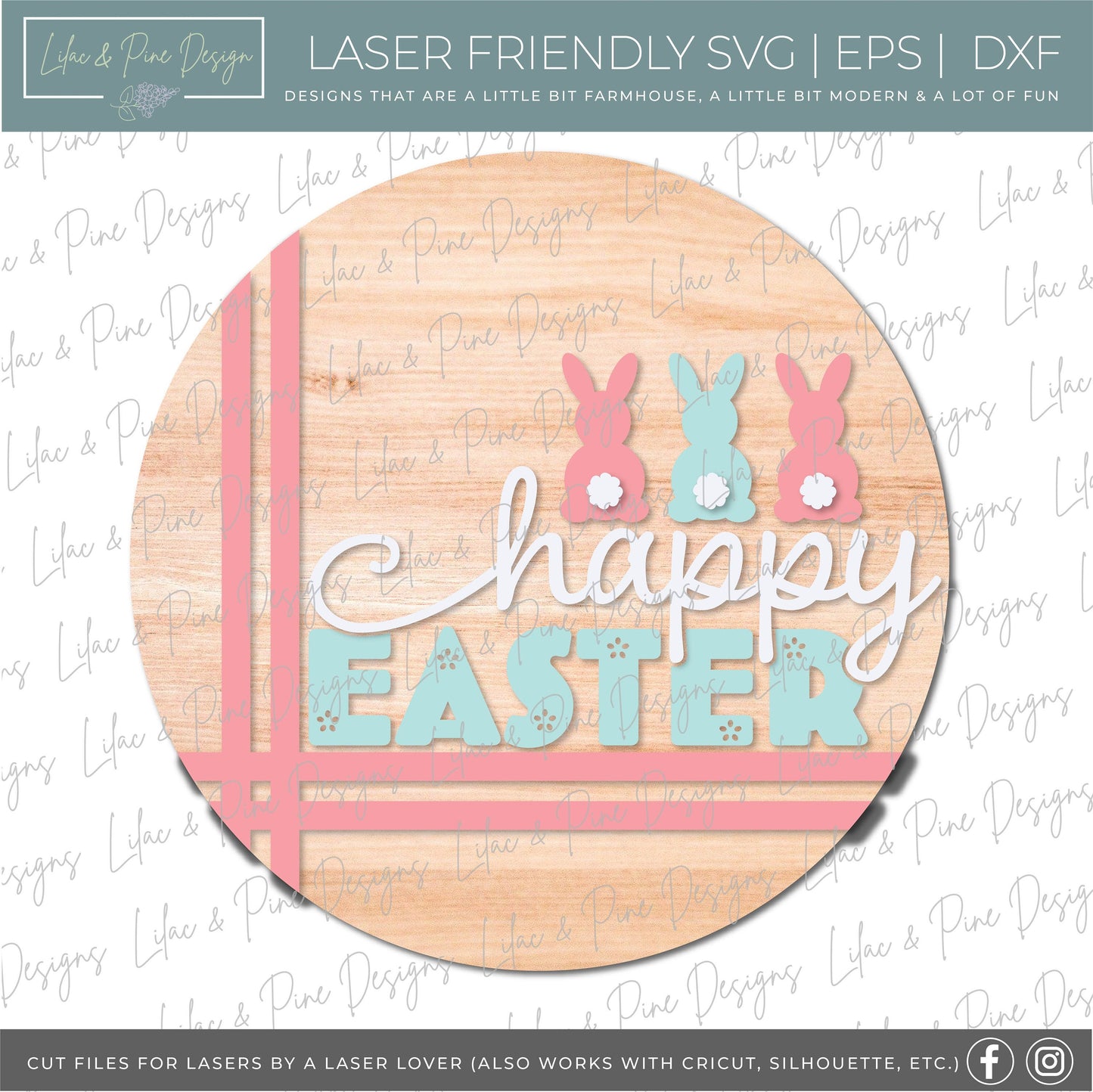 happy Easter door hanger, bunny porch sign SVG, round Easter bunny sign, Farmhouse Easter decor, Glowforge svg files, laser cut file