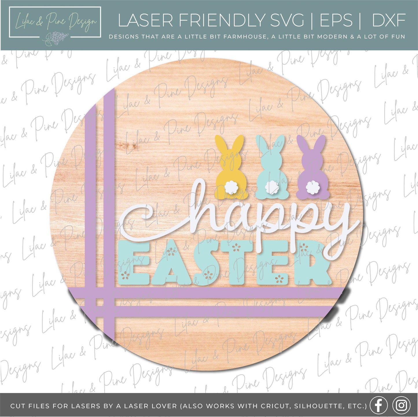 happy Easter door hanger, bunny porch sign SVG, round Easter bunny sign, Farmhouse Easter decor, Glowforge svg files, laser cut file