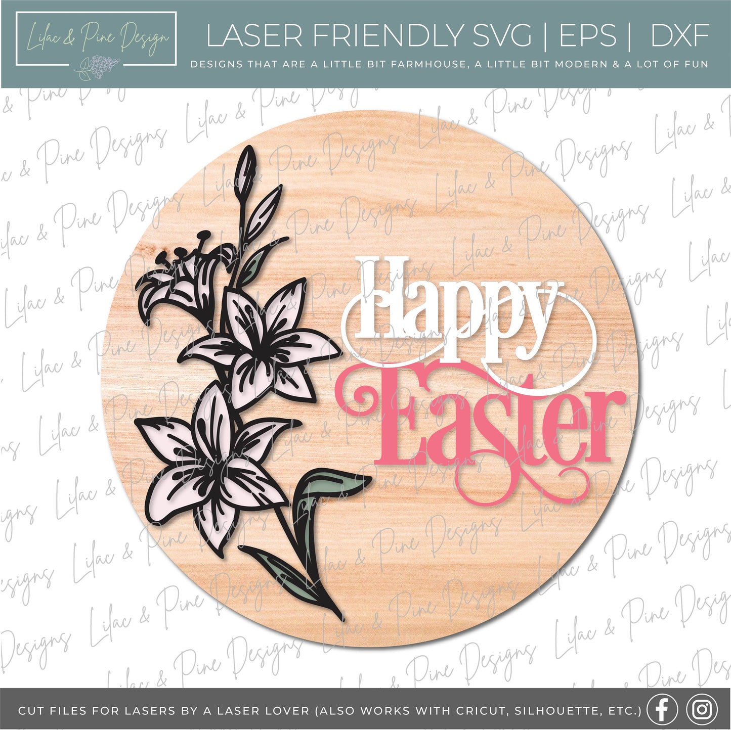 Happy Easter door hanger, happy spring porch sign SVG, round Easter lily sign, Farmhouse Easter decor, Glowforge svg files, laser cut file