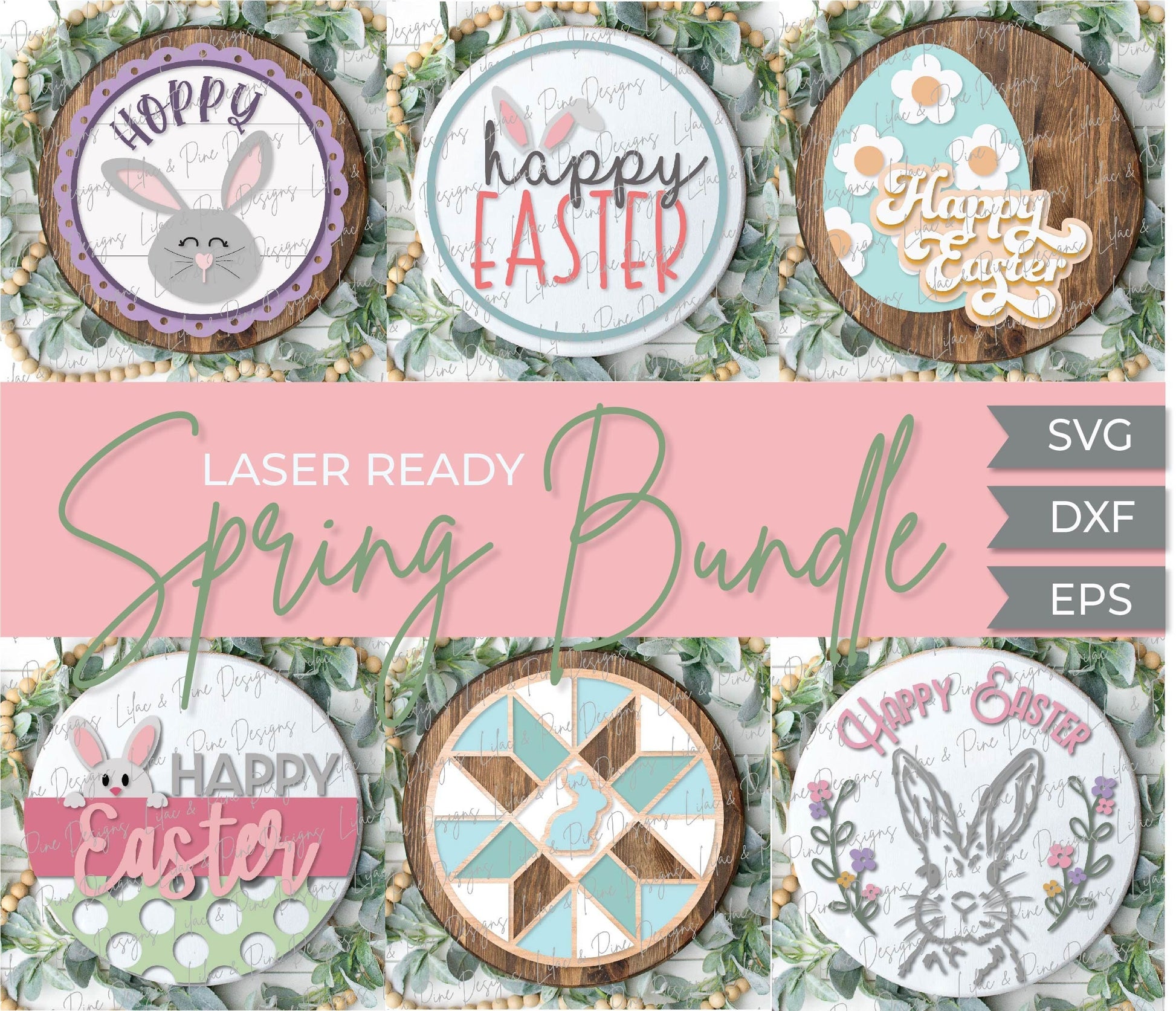 Spring welcome sign bundle, Easter door hanger bundle SVG, quilt SVG, Easter egg svg, bunny laser file, Glowforge files, laser cut file
