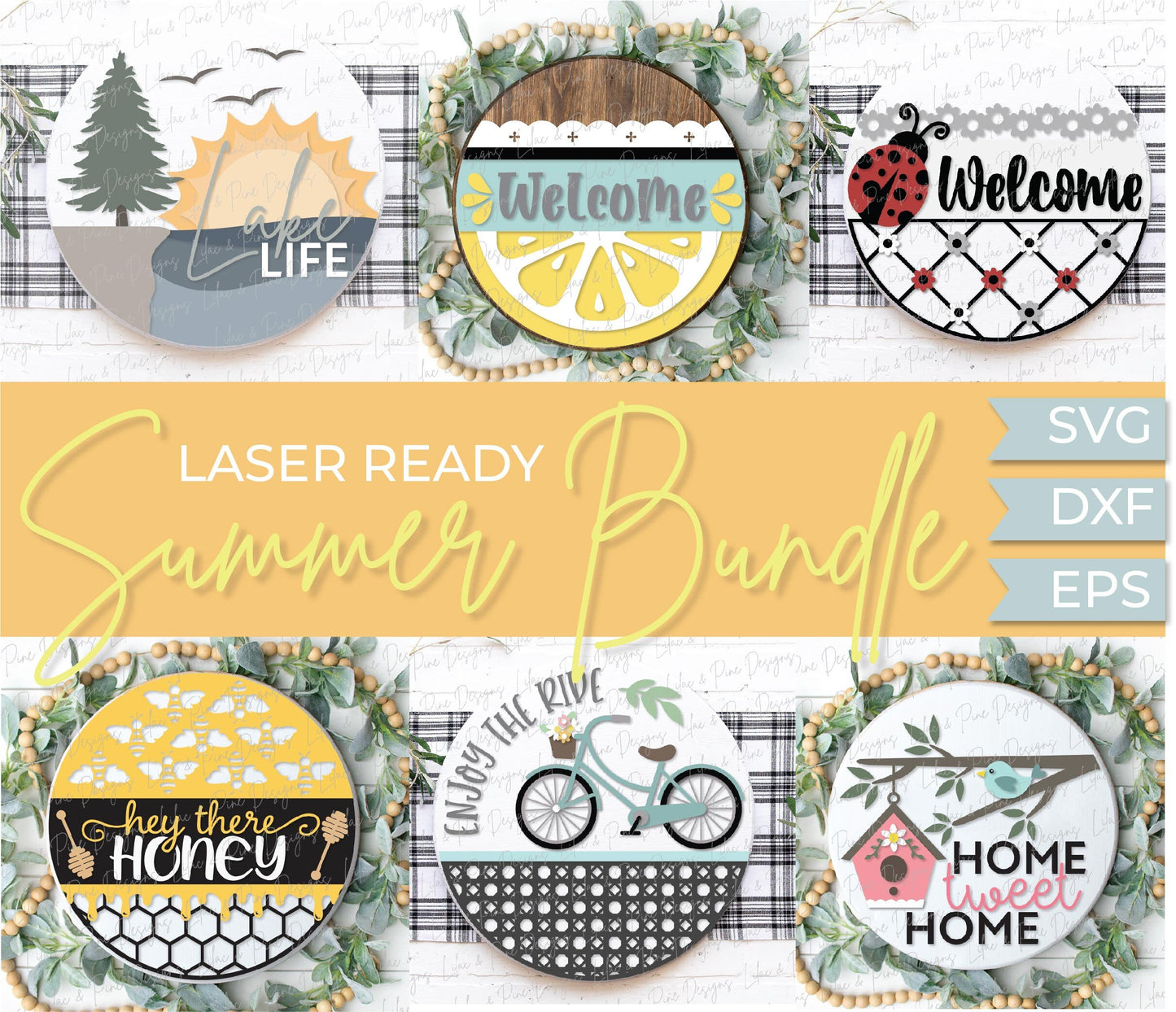 Summer welcome sign bundle, door hanger SVG bundle, lake SVG, lemon svg, bike svg, honey svg, ladybug svg, Glowforge files, laser cut file