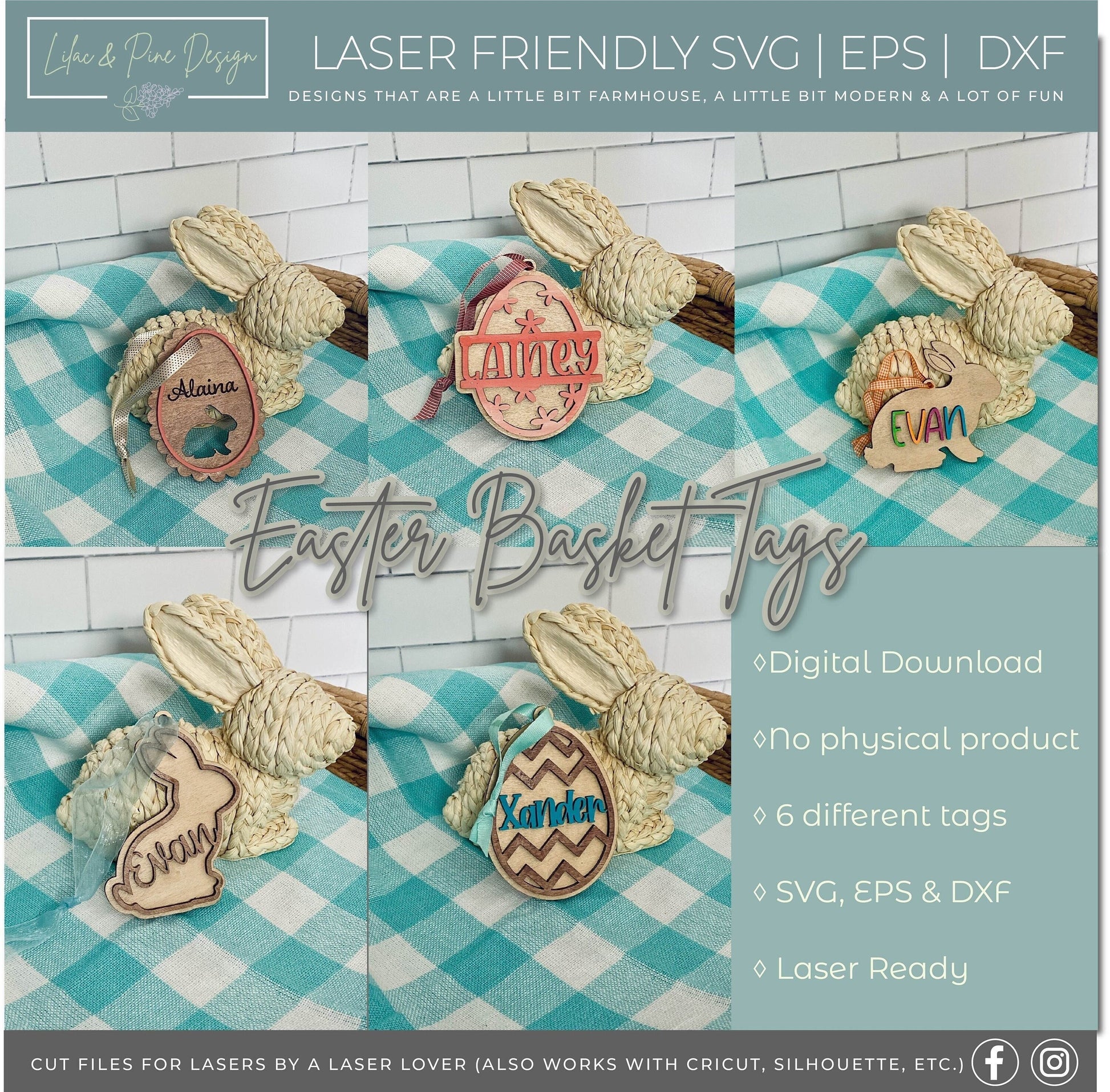 Easter Basket Tag bundle SVG, Easter tag, Egg tag svg, bunny tag SVG, Easter tag laser cut file, Glowforge laser cut file, laser SVG