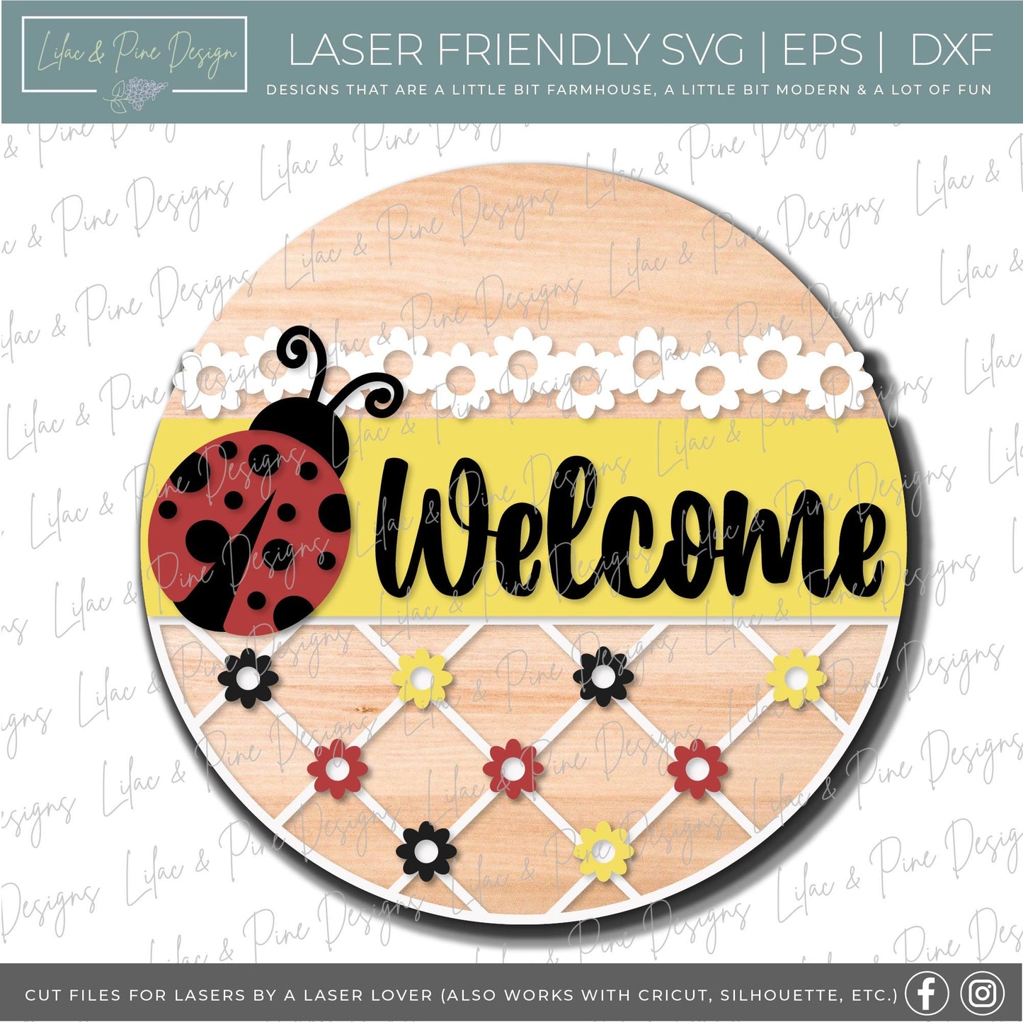 Ladybug Welcome door hanger SVG, Daisy Welcome sign, plaid and daisy svg, Ladybug sign, Summer decor, Glowforge cut file, laser SVG file