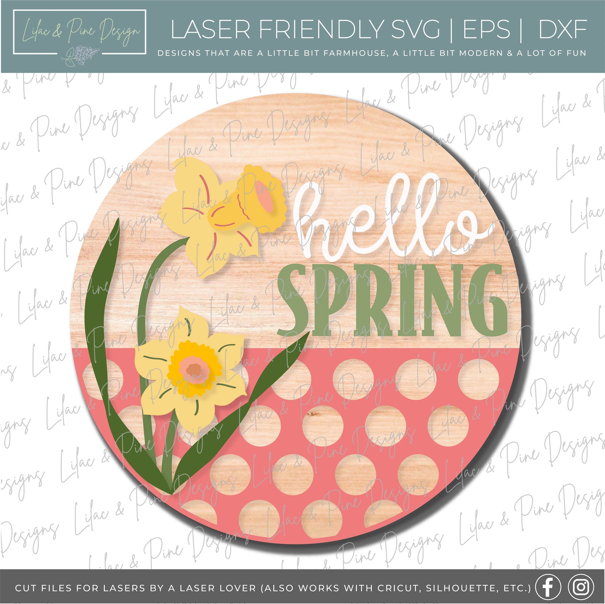Hello Spring door hanger, Daffodil porch sign SVG, round flower sign, floral SVG, Farmhouse spring decor, Glowforge svg, laser cut file