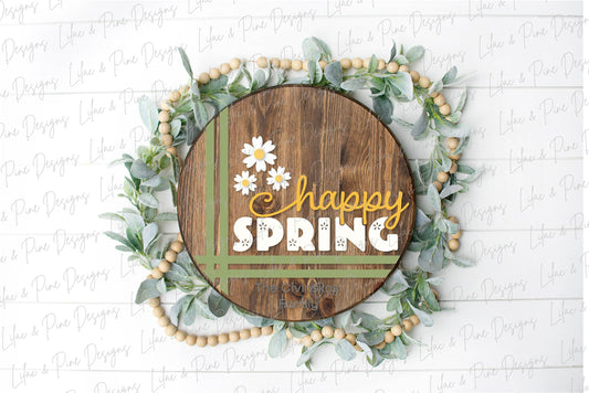 happy Spring door hanger, daisy porch sign SVG, round flower sign, floral SVG, Farmhouse spring decor, Glowforge svg, laser cut file