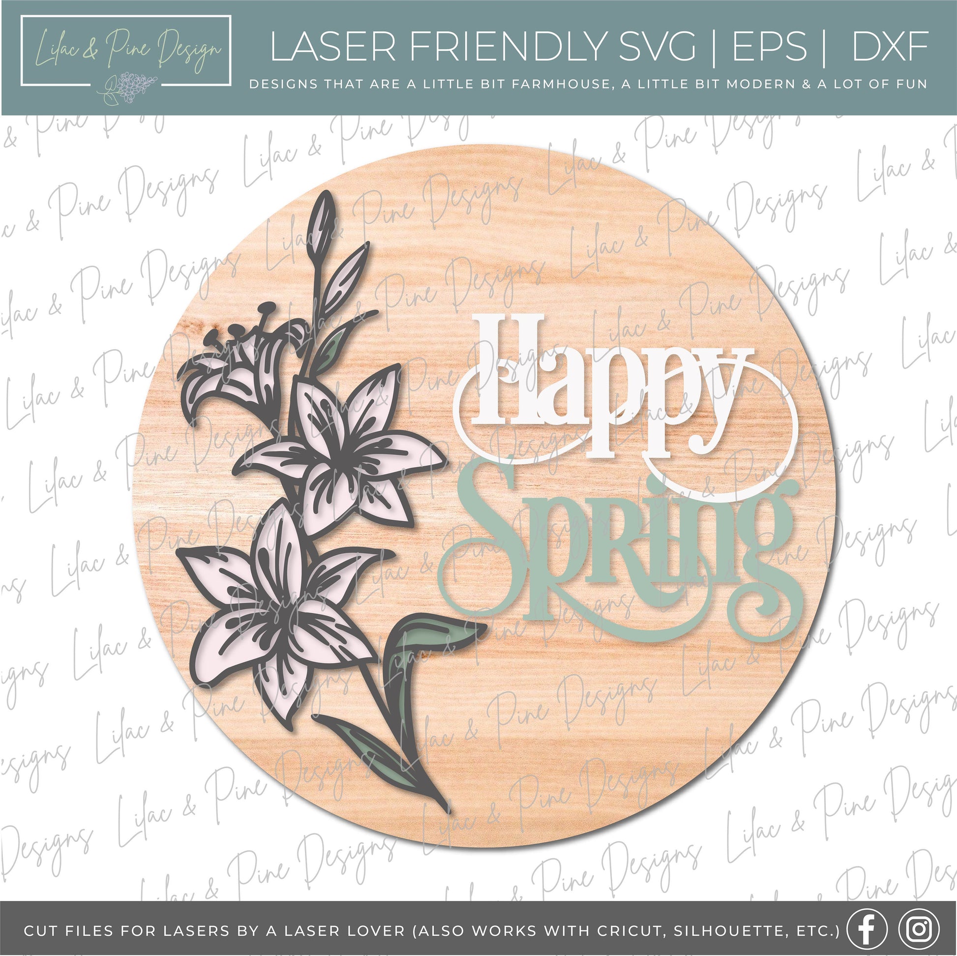 Happy Easter door hanger, happy spring porch sign SVG, round Easter lily sign, Farmhouse Easter decor, Glowforge svg files, laser cut file