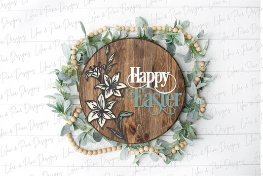 Happy Easter door hanger, happy spring porch sign SVG, round Easter lily sign, Farmhouse Easter decor, Glowforge svg files, laser cut file