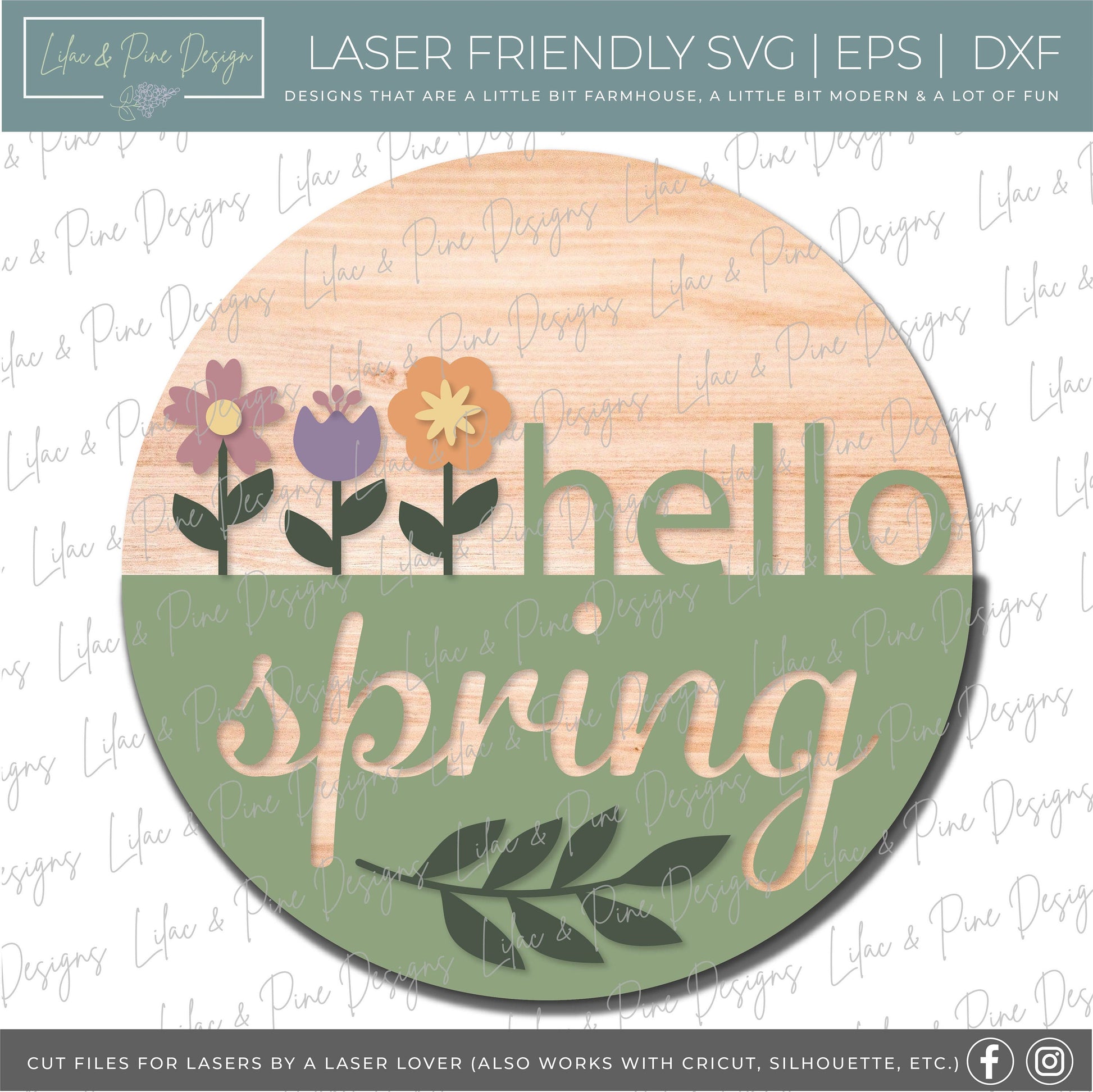 Hello Spring door hanger, spring porch sign SVG, round flower sign, floral SVG, Farmhouse spring decor, Glowforge svg, laser cut file