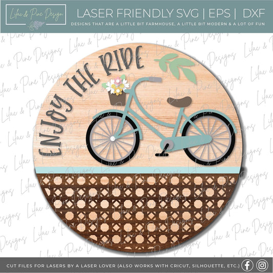 Enjoy the ride door hanger SVG, Beach Cruiser round sign, Bike svg, Rattan Welcome SVG, Summer decor, Glowforge cut file, laser SVG file