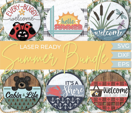 Summer welcome sign bundle, door hanger SVG bundle, hello SVG, ladybug svg, bear svg, crab svg, cabin svg, Glowforge files, laser cut file