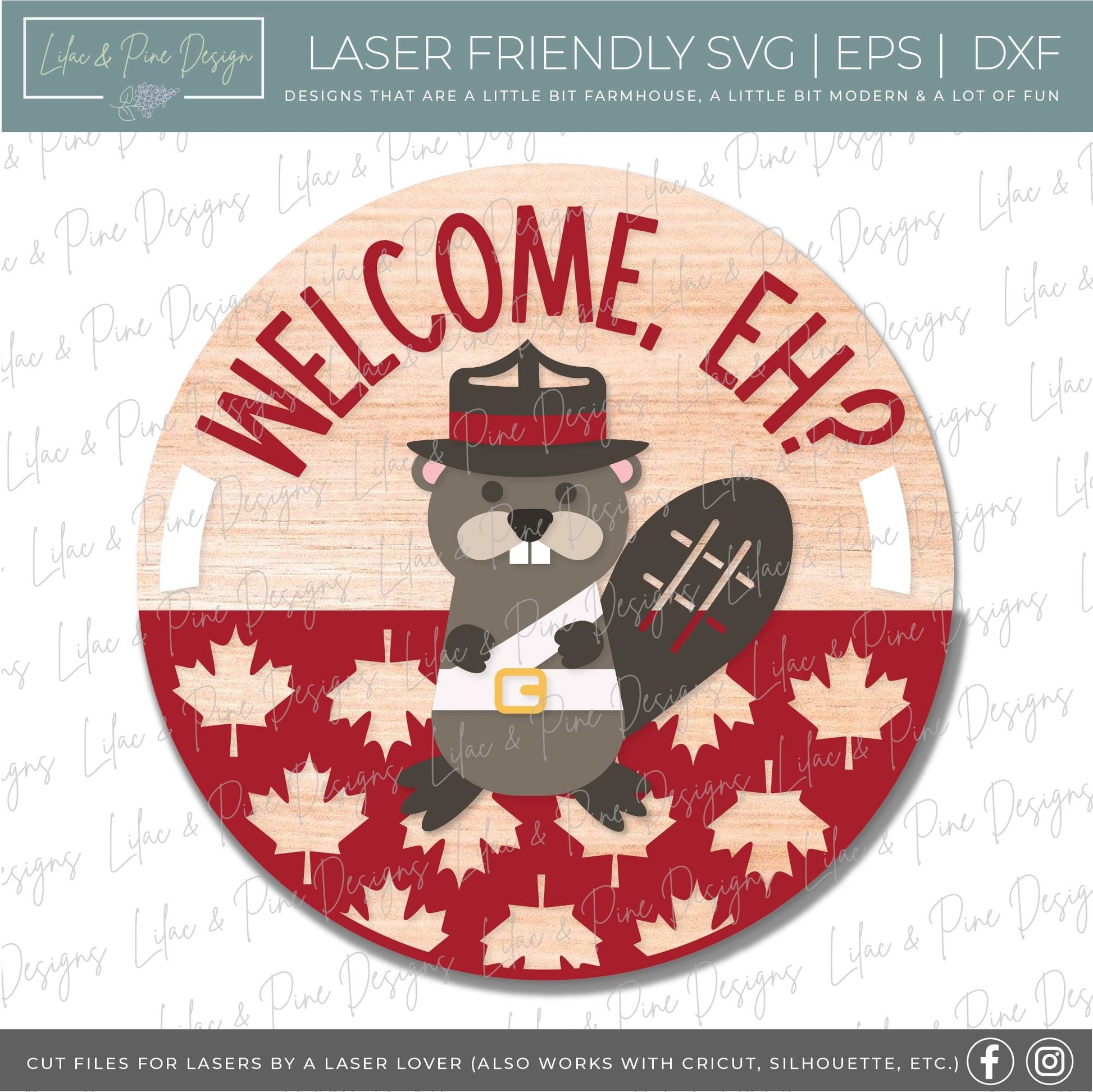Canadian door hanger SVG, Canada Eh welcome sign, Canada decor, Beaver Mountie SVG, maple leaf pattern, Glowforge cut file, laser SVG file