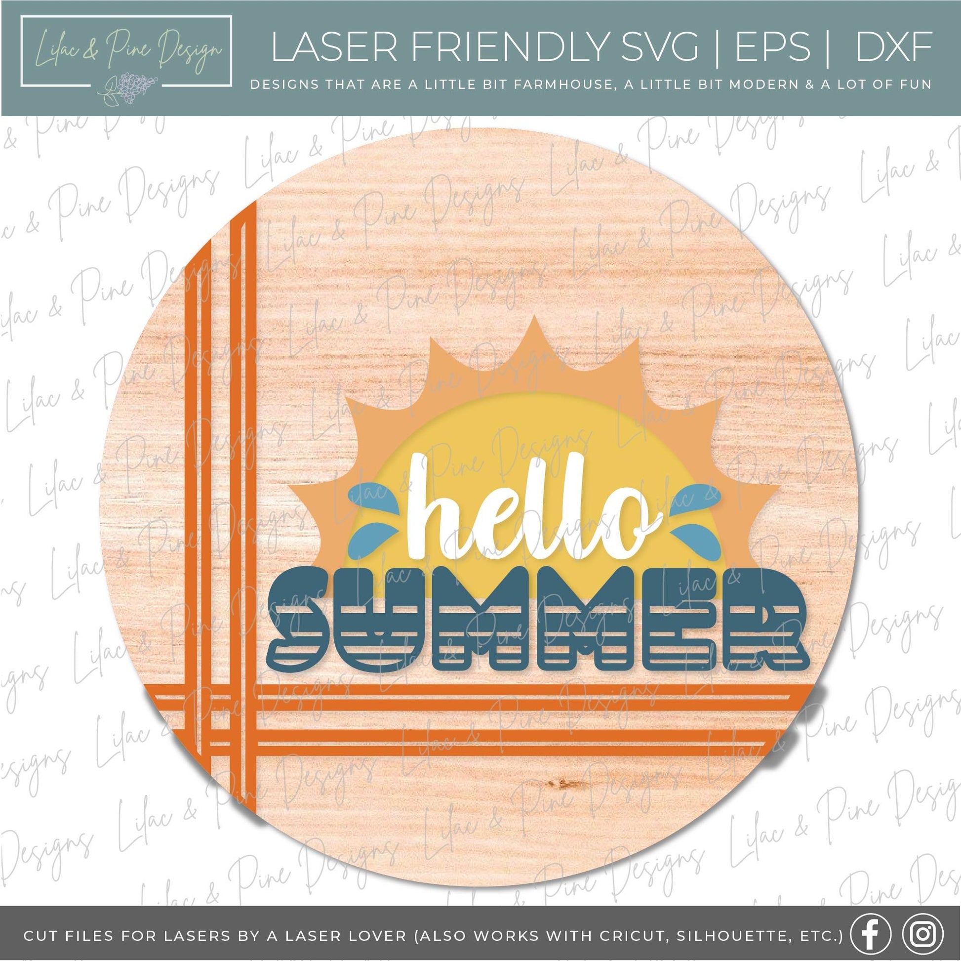 Hello Summer door hanger SVG, Sunshine welcome round sign, Summer sun SVG, Summer decor, stripe svg, Glowforge cut file, laser SVG file