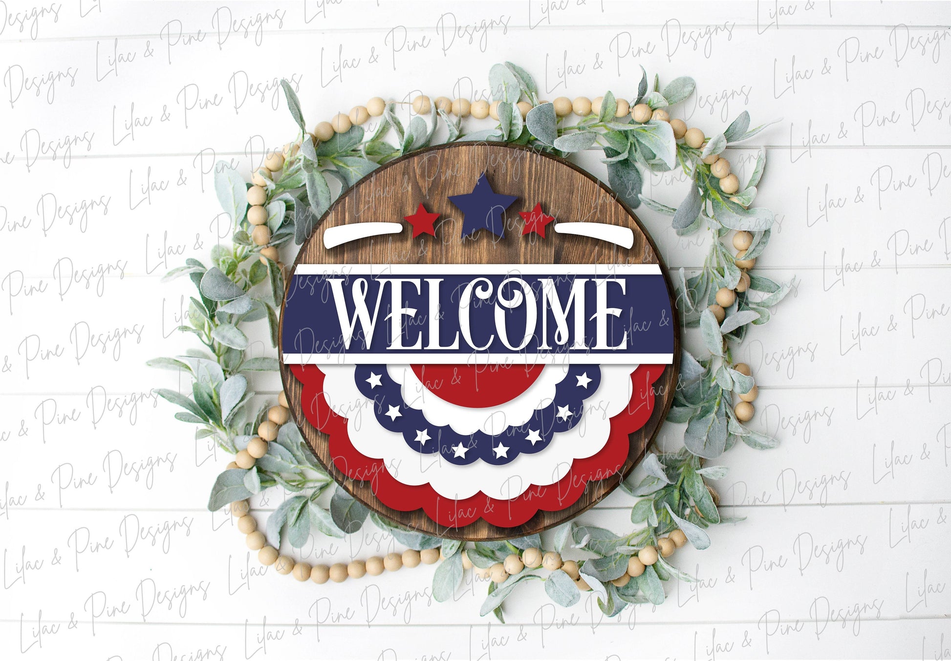 Patriotic Banner Welcome sign, July 4th door hanger SVG, Independence Day porch decor, Stars and Stripes, Glowforge SVG file, laser cut file