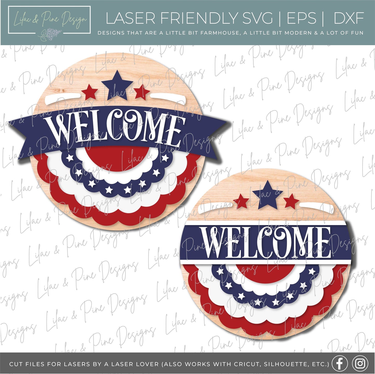 Patriotic Banner Welcome sign, July 4th door hanger SVG, Independence Day porch decor, Stars and Stripes, Glowforge SVG file, laser cut file