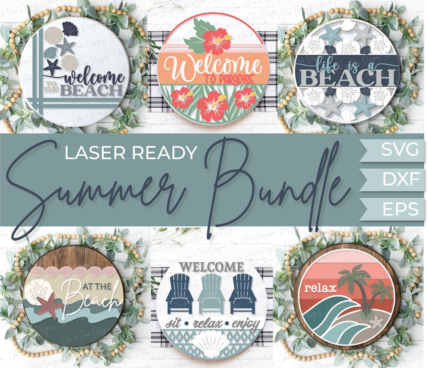 Summer welcome sign SVG bundle, coastal door hanger SVG, nautical SVG, ocean svg, beach svg, seashell svg, Glowforge files, laser cut file