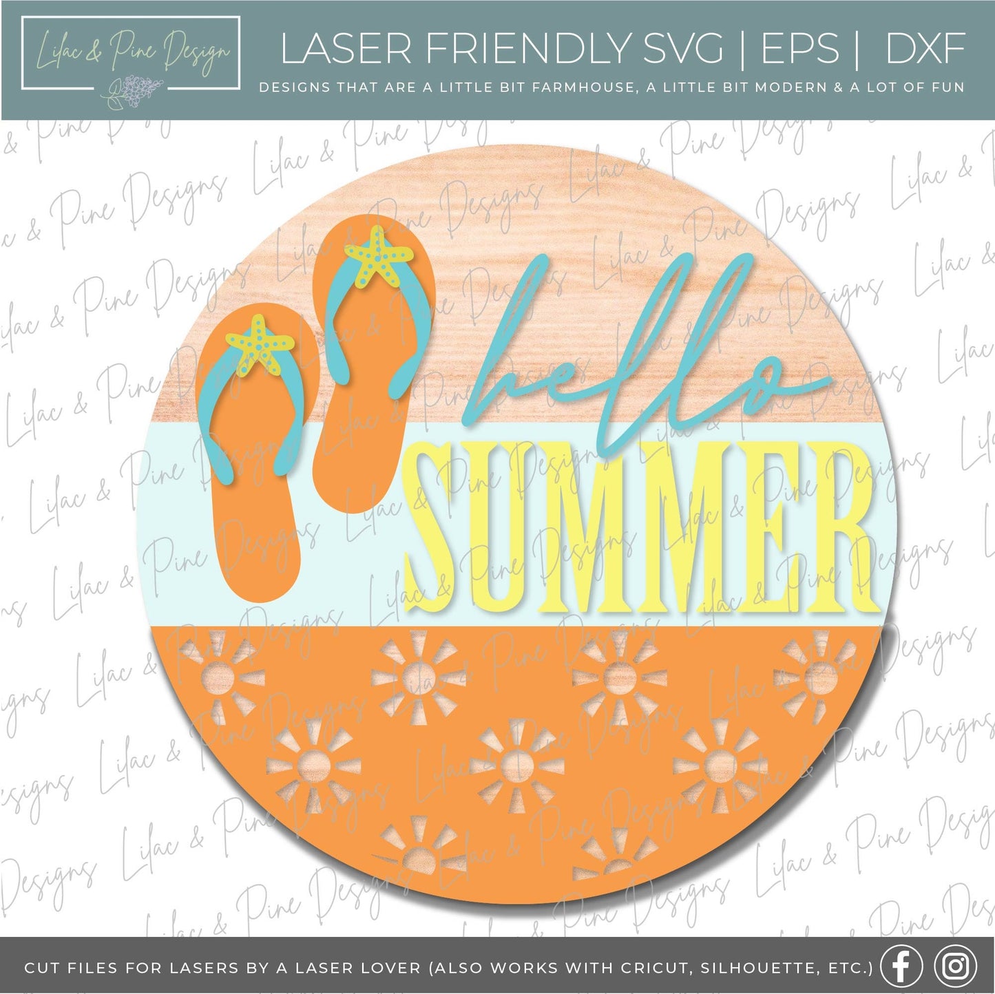 Hello Summer flip flop round sign, summer door decor SVG, sunshine SVG, summer porch decor svg, beach SVG, Glowforge Svg, laser cut file