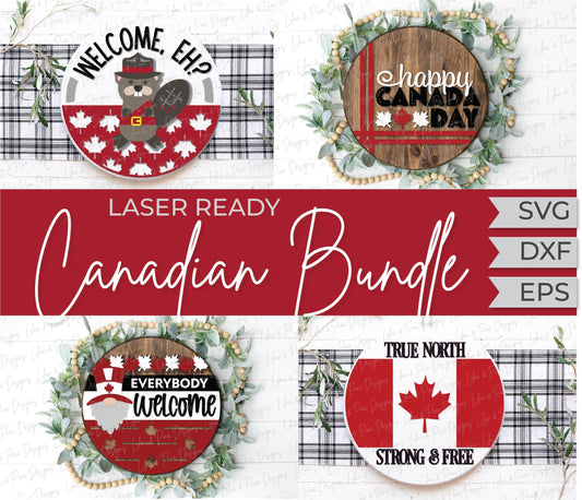Canadian Welcome door hanger bundle, Canada Day porch decor SVG, Canada Day sign bundle SVG, True North SVG, Glowforge files, laser cut file