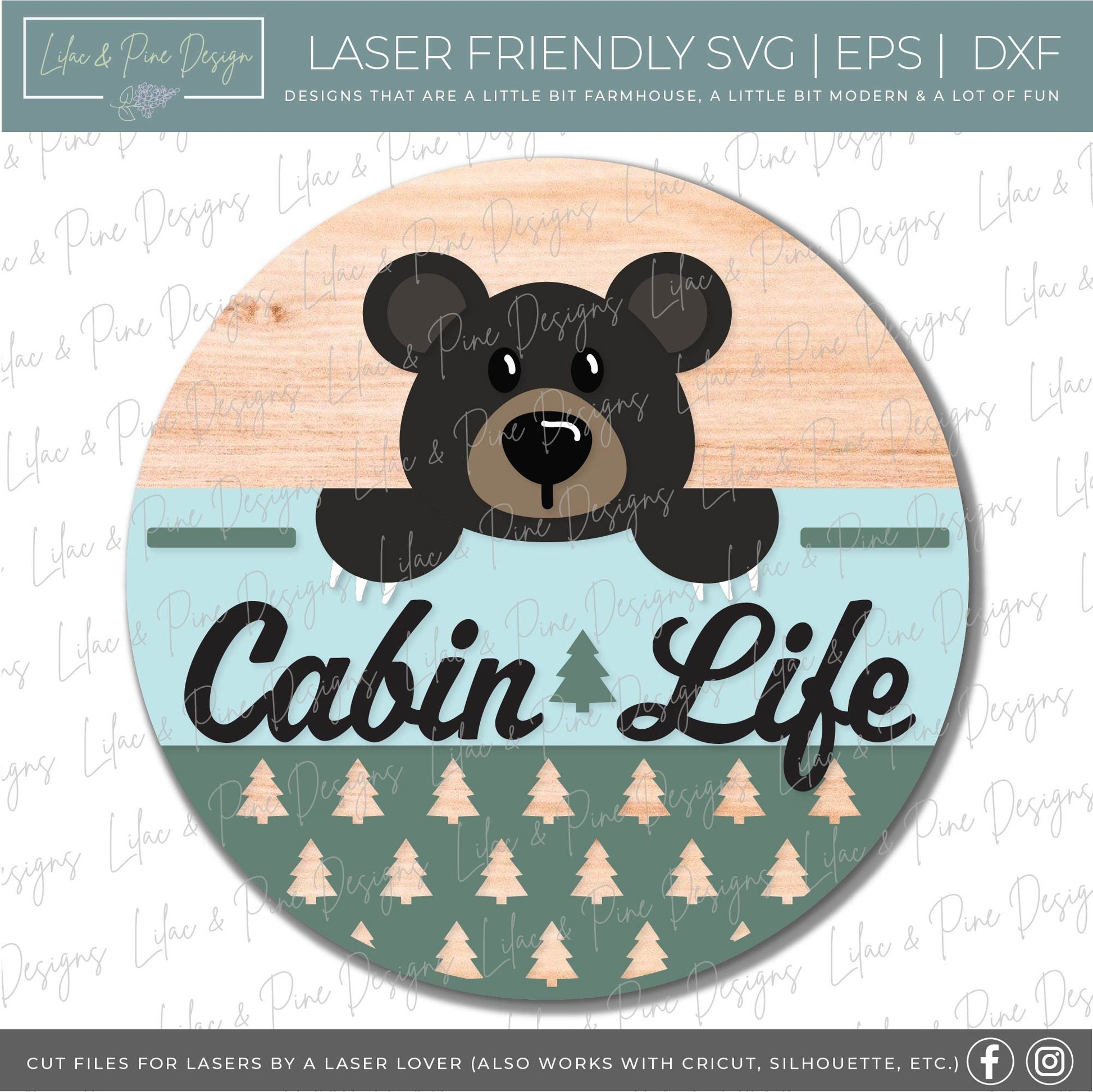 Bear door hanger SVG, Cabin welcome sign, Cabin life home decor, Summer cabin SVG, pine tree pattern, Glowforge cut file, laser SVG file