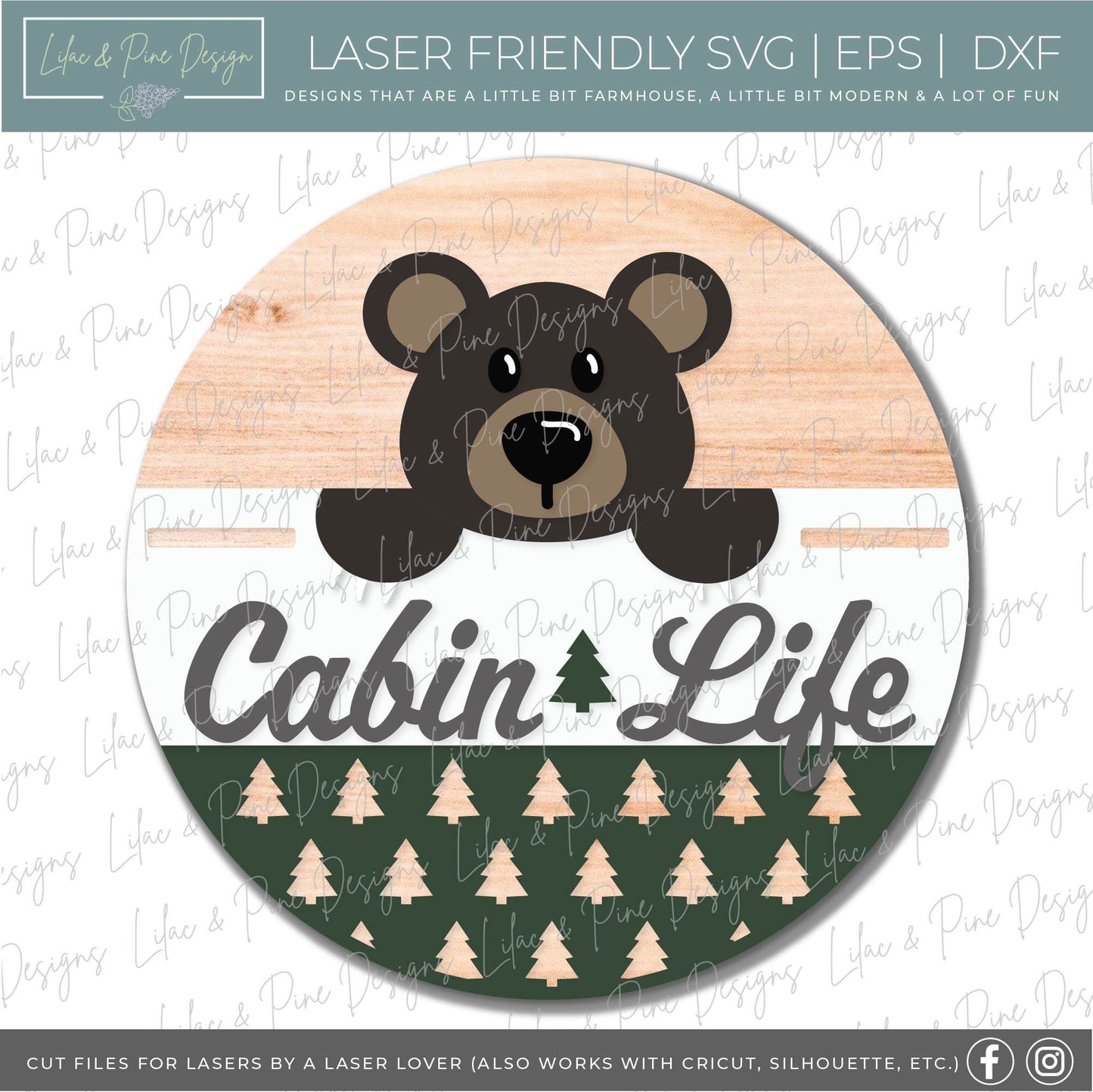 Bear door hanger SVG, Cabin welcome sign, Cabin life home decor, Summer cabin SVG, pine tree pattern, Glowforge cut file, laser SVG file