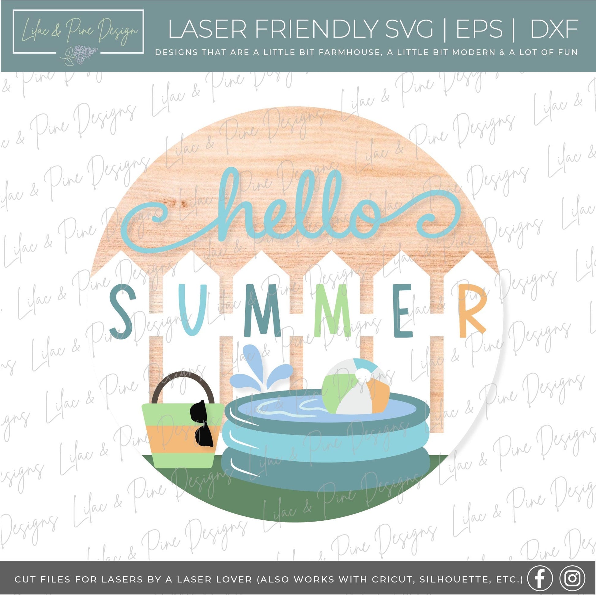 Hello Summer sign SVG, Summer Welcome sign svg, Pool door hanger svg, Summer porch sign SVG, round wood sign, Glowforge SVG, laser cut file