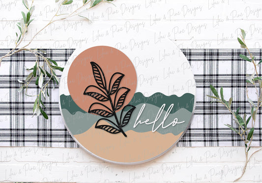 Boho welcome sign SVG, hello door hanger SVG, minimalist round wood sign,  Boho decor svg, Porch welcome SVG, Glowforge Svg, laser svg file