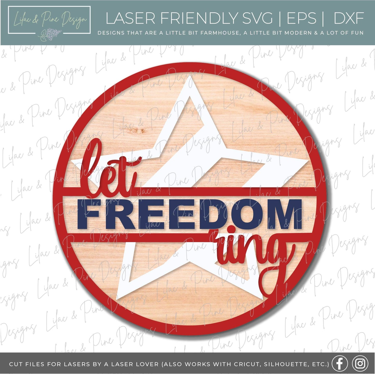 Let Freedom Ring round sign, July 4th door decor, Stars SVG, Independence Day porch sign, Stars and Stripes, Glowforge Svg, laser cut file
