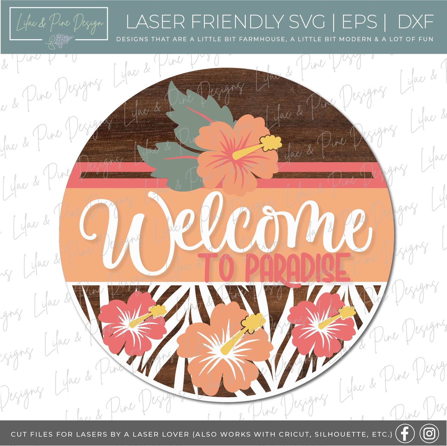 Welcome to Paradise door hanger SVG, Summer welcome sign SVG, tropical flower svg, Summer decor, Hibiscus svg, Glowforge Svg, laser cut file