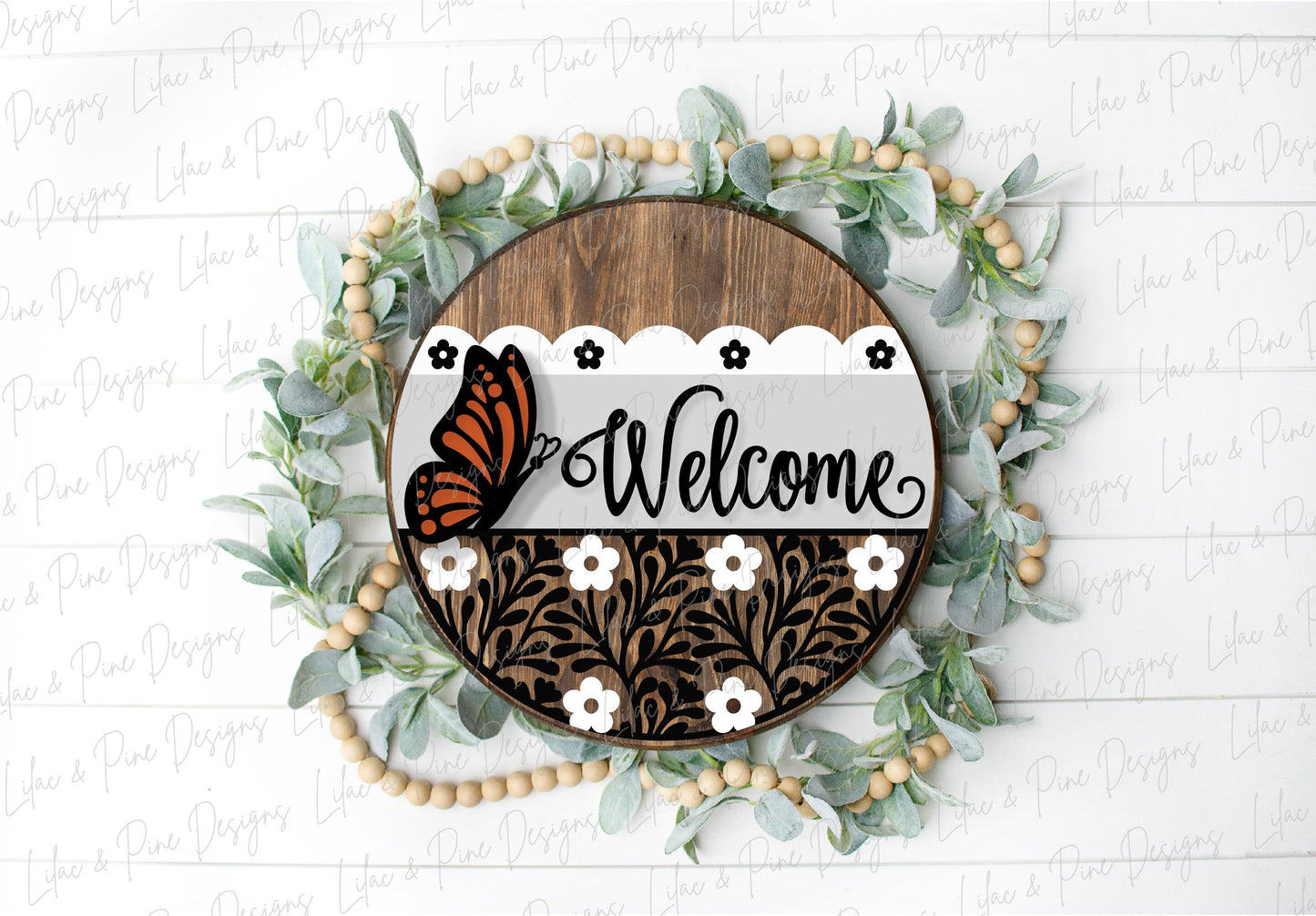 Butterfly Welcome sign svg, Floral door hanger SVG, monarch porch sign SVG, summer decor, round wood sign, Glowforge SVG, laser cut file