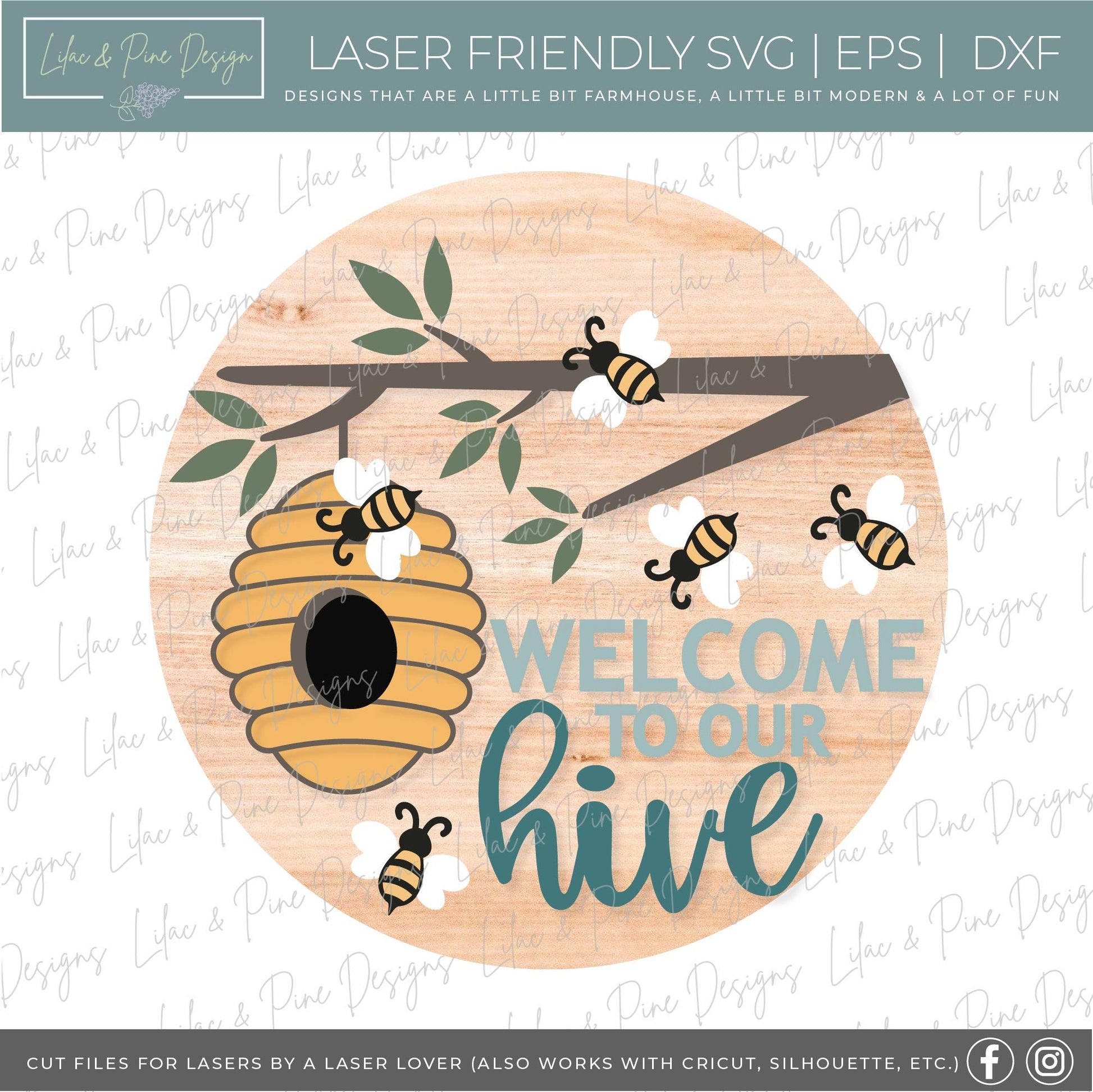 Bee Welcome sign svg, Bee Hive door hanger SVG, bee porch sign SVG, Welcome to our Hive round wood sign, Glowforge SVG, laser cut file