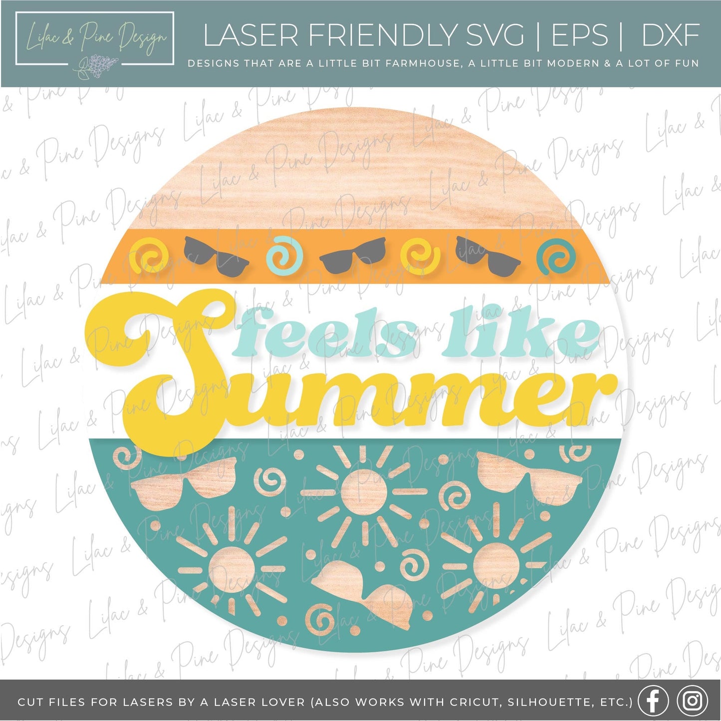 Feels Like Summer SVG, Summer Welcome sign svg, Summer door hanger, Summer porch sign SVG, round wood sign, Glowforge SVG, laser cut file