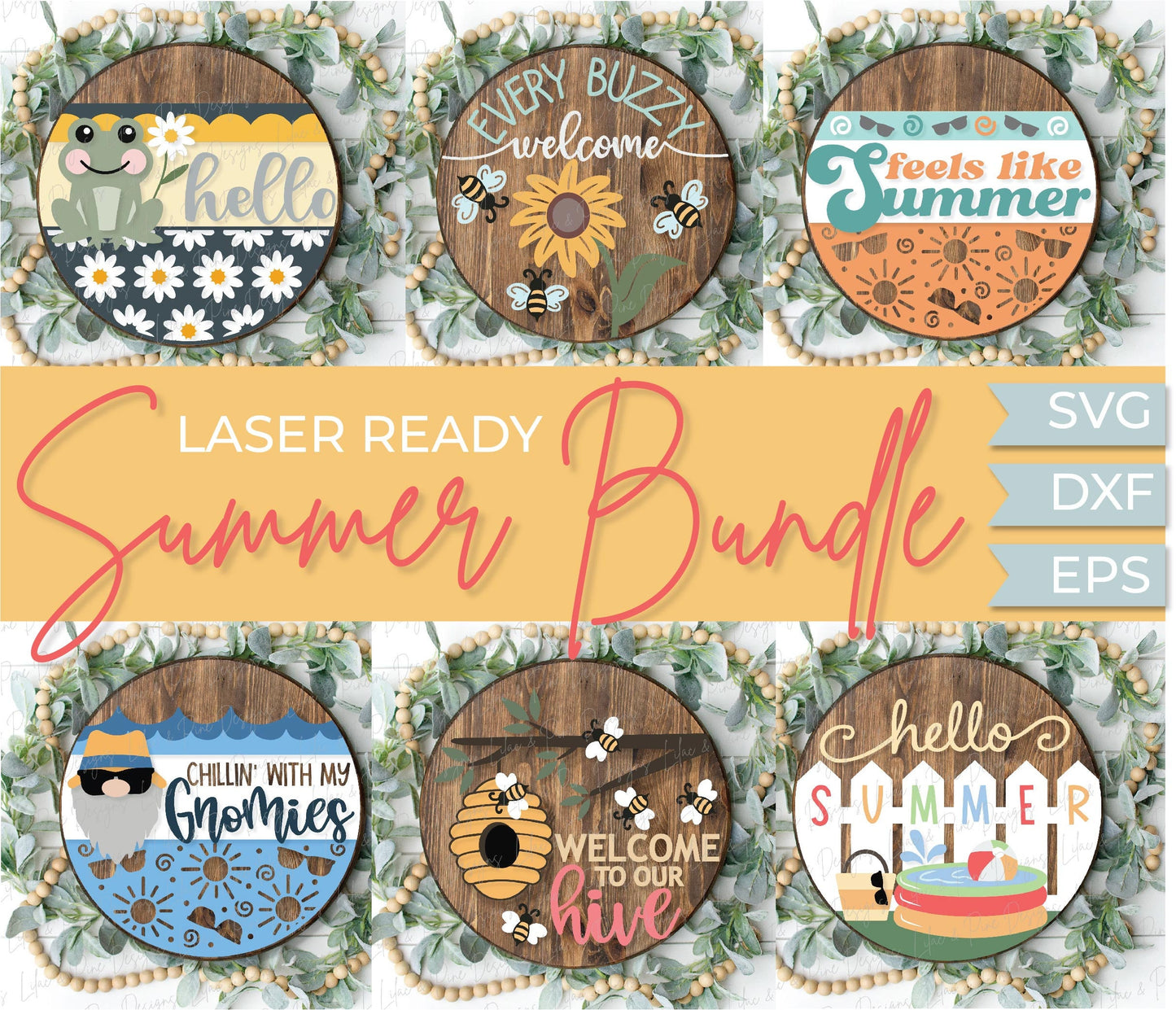 Summer welcome sign bundle, hello summer door hanger SVG, bee SVG, hive svg, pool svg, gnome svg, frog svg,  Glowforge SVG, laser cut file