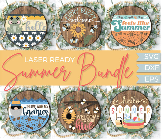 Summer welcome sign bundle, hello summer door hanger SVG, bee SVG, hive svg, pool svg, gnome svg, frog svg,  Glowforge SVG, laser cut file