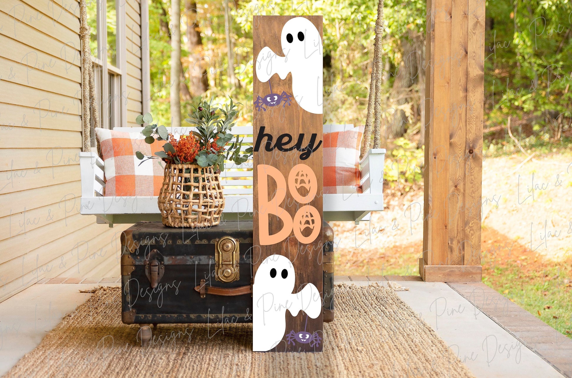 Halloween porch sign SVG, Hey Boo porch sign SVG, Boo welcome SVG, Ghost welcome sign, Spider svg, vertical sign svg, Glowforge laser Svg