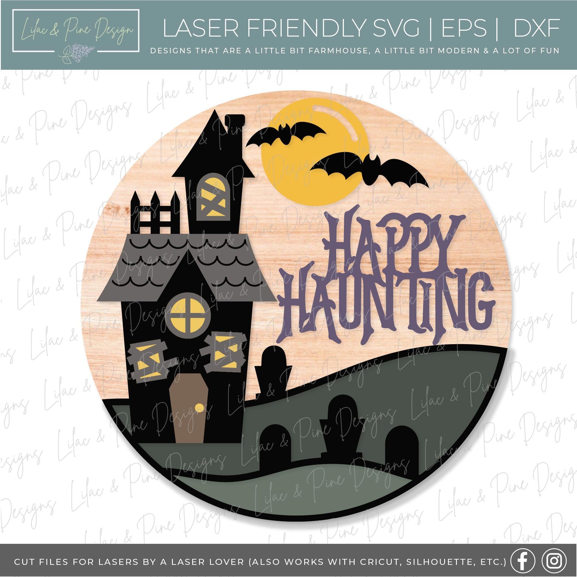 Happy Haunting door hanger SVG, Haunted House door hanger, Graveyard welcome sign SVG, Halloween porch sign svg, Glowforge laser SVG