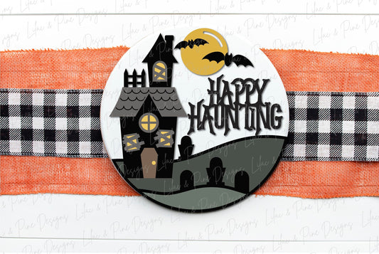 Happy Haunting door hanger SVG, Haunted House door hanger, Graveyard welcome sign SVG, Halloween porch sign svg, Glowforge laser SVG