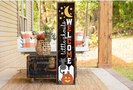 Halloween night porch sign SVG, Little Ghouls porch sign SVG, Black cat and pumpkin welcome sign SVG, vertical sign svg, Glowforge laser Svg