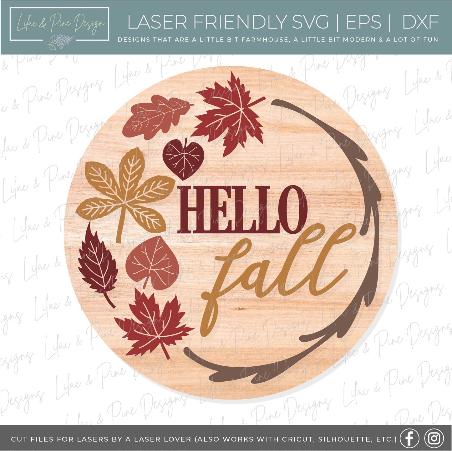 Hello Fall door hanger SVG, Fall welcome sign SVG, fall leaves round door hanger, Fall porch decor, Fall round sign svg, Glowforge laser SVG