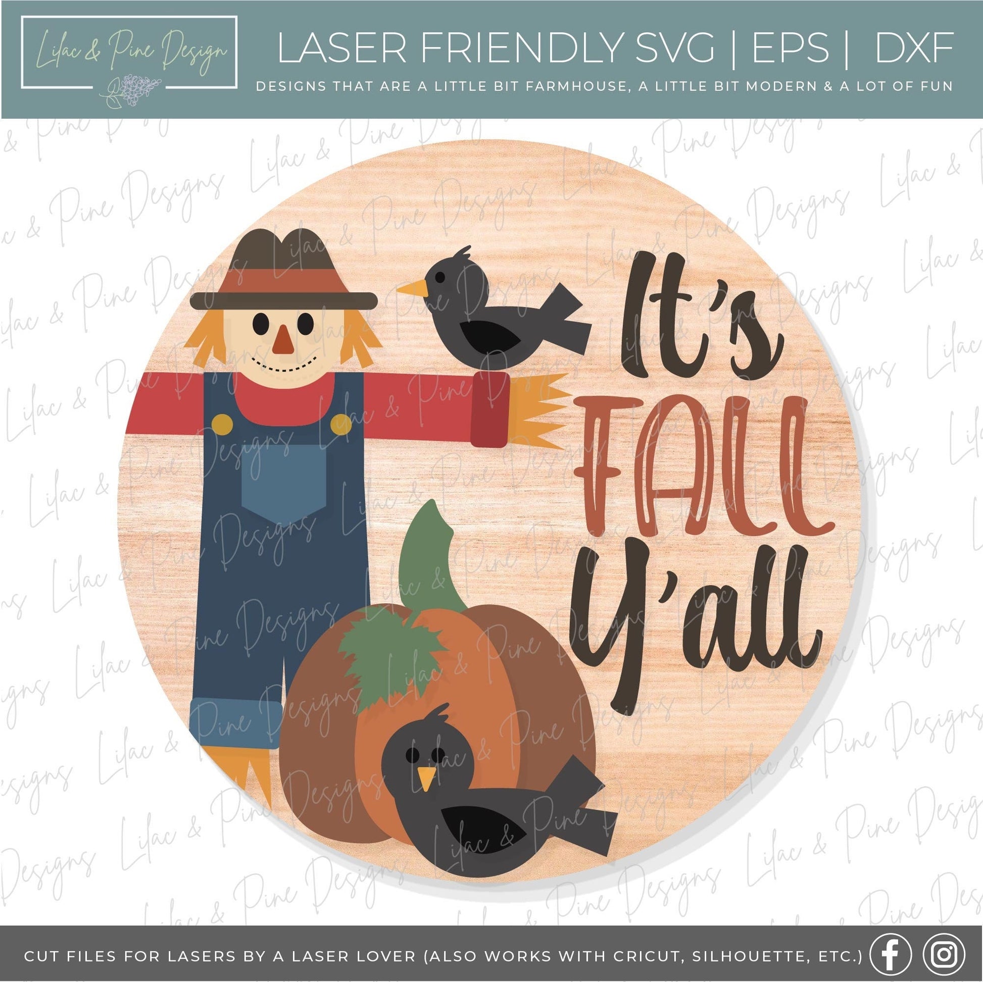 It's Fall Y'all door hanger SVG, Fall welcome sign SVG, Scarecrow round door hanger, Fall porch decor, farmhouse svg, Glowforge laser SVG