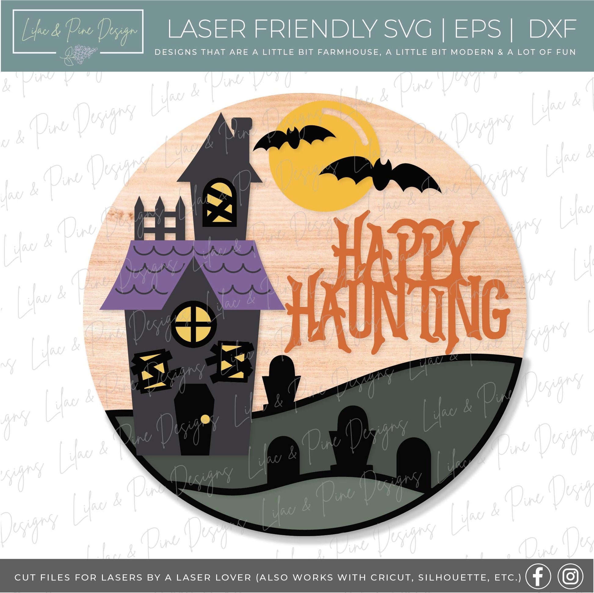 Happy Haunting door hanger SVG, Haunted House door hanger, Graveyard welcome sign SVG, Halloween porch sign svg, Glowforge laser SVG