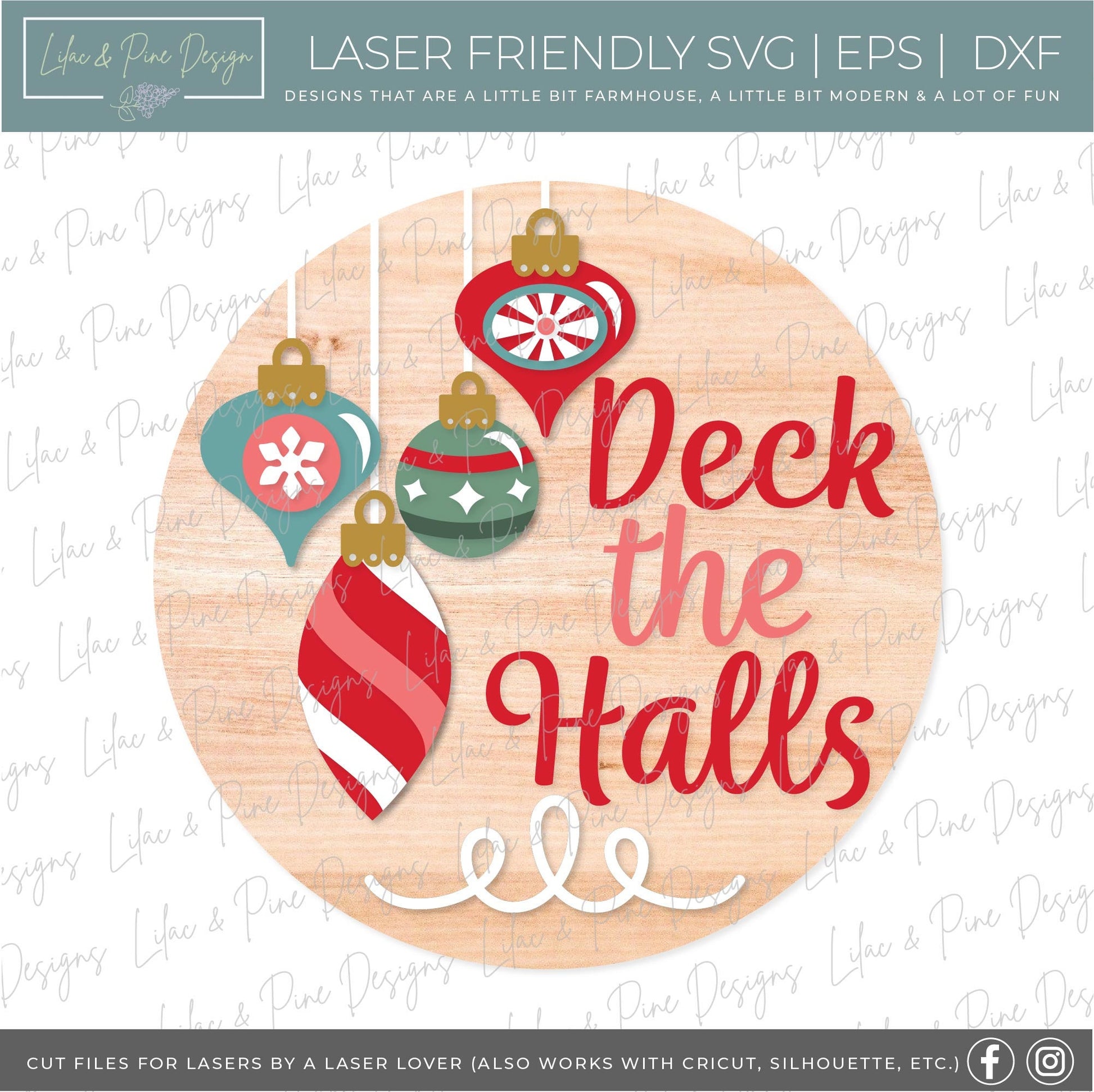 Deck the Halls door hanger SVG, Christmas welcome sign SVG, Vintage ornament round sign svg, Christmas decor, Glowforge SVG, laser cut file